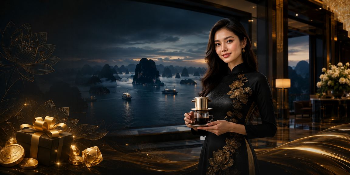 Du khách tại Vịnh Hạ Long thưởng thức cà phê kết hợp trải nghiệm casino VIP trực tuyến